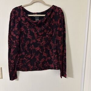 R&K Evening Black & Red Floral Sparkle Blouse Long Sleeve Women's Size 12